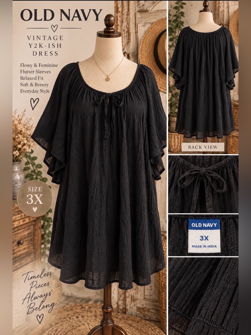 Old Navy - Gauze - Black Peasant Dress with Tie Neck - 3X